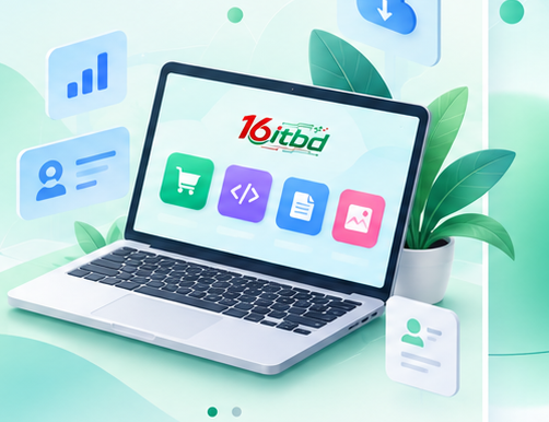 Laptop displaying digital marketplace products